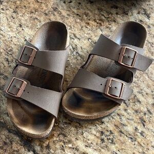 Birkenstock Brown Leather Double Buckle Slide